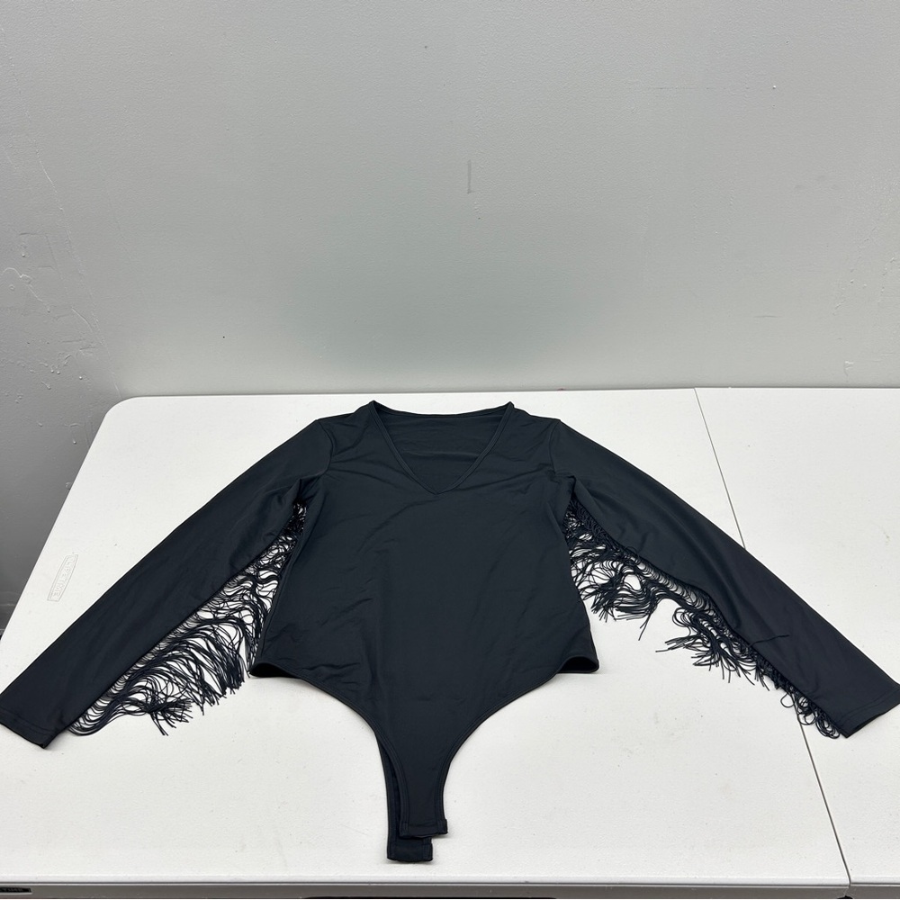 SHEIN Black Long Sleeve Bodysuit with Fringe